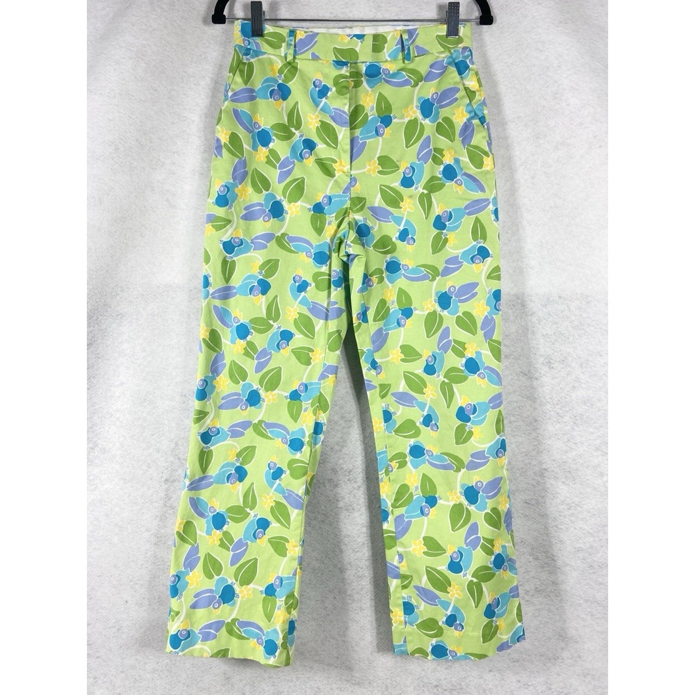 Vintage Lilly Pulitzer Pants Women's 6 Green Blue Floral Straight Leg Cotton